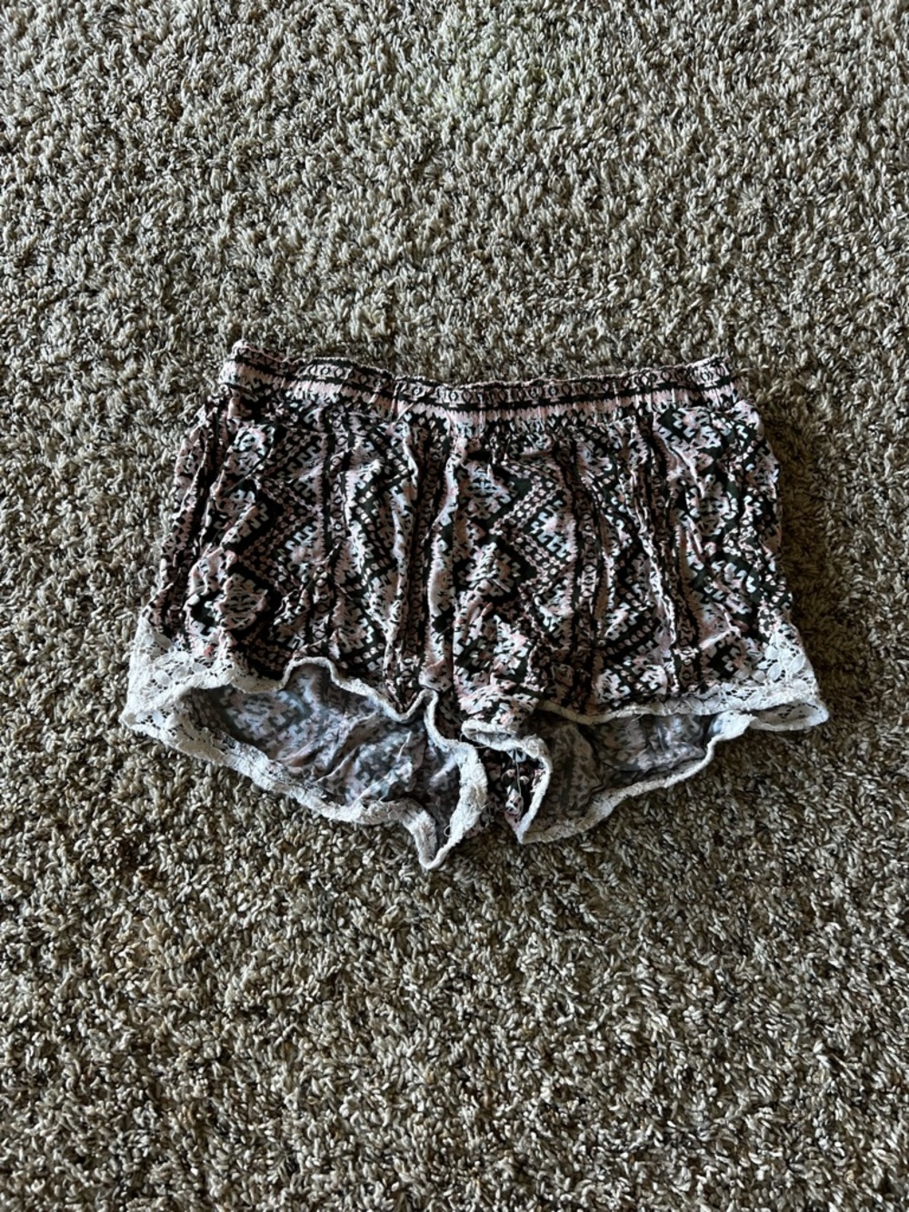Vanity Pink and Black Geometric Lace-Trim Shorts